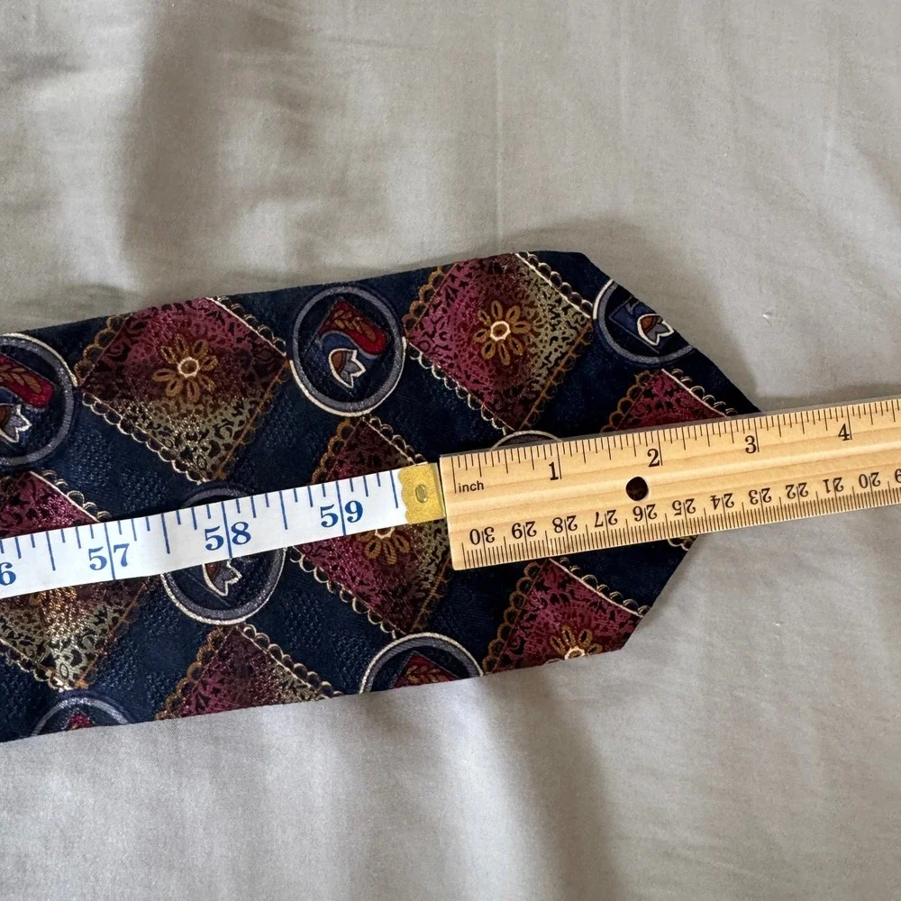 Ferracci Extra Long Silk Tie Navy Blue Burgundy Gold Geometric Medallion Vintage